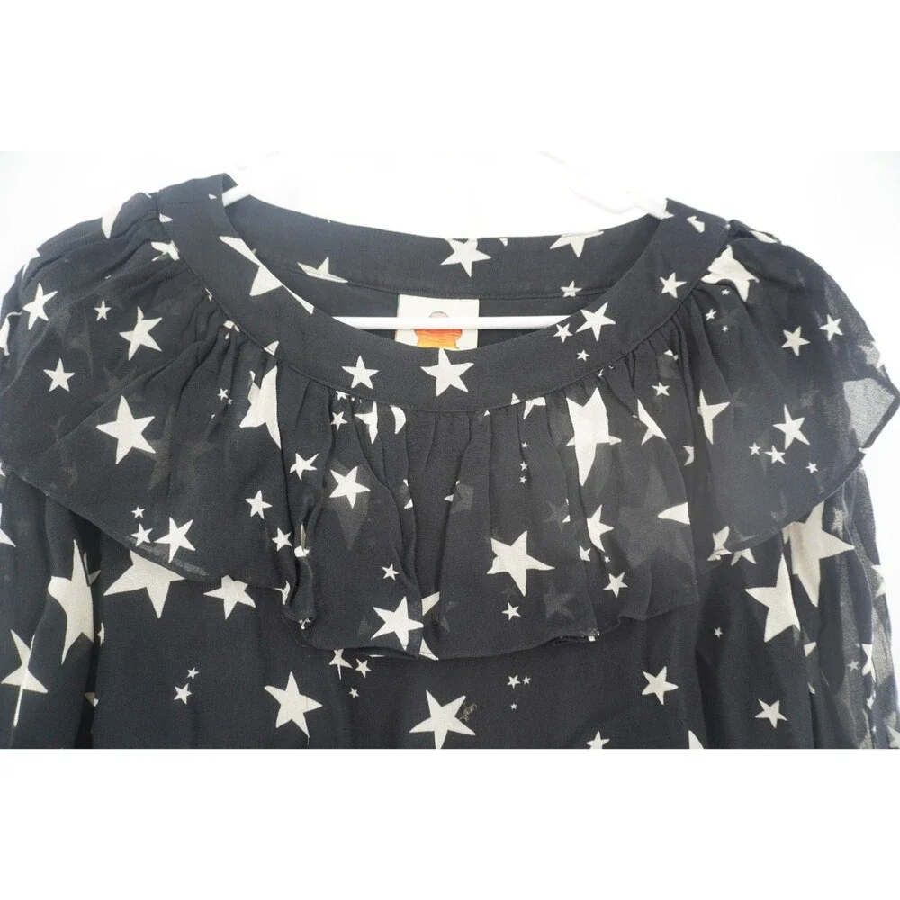 FARM Rio Stardust Blouse Black Celestial White Star Print Sheer Ruffle Neck Sz L